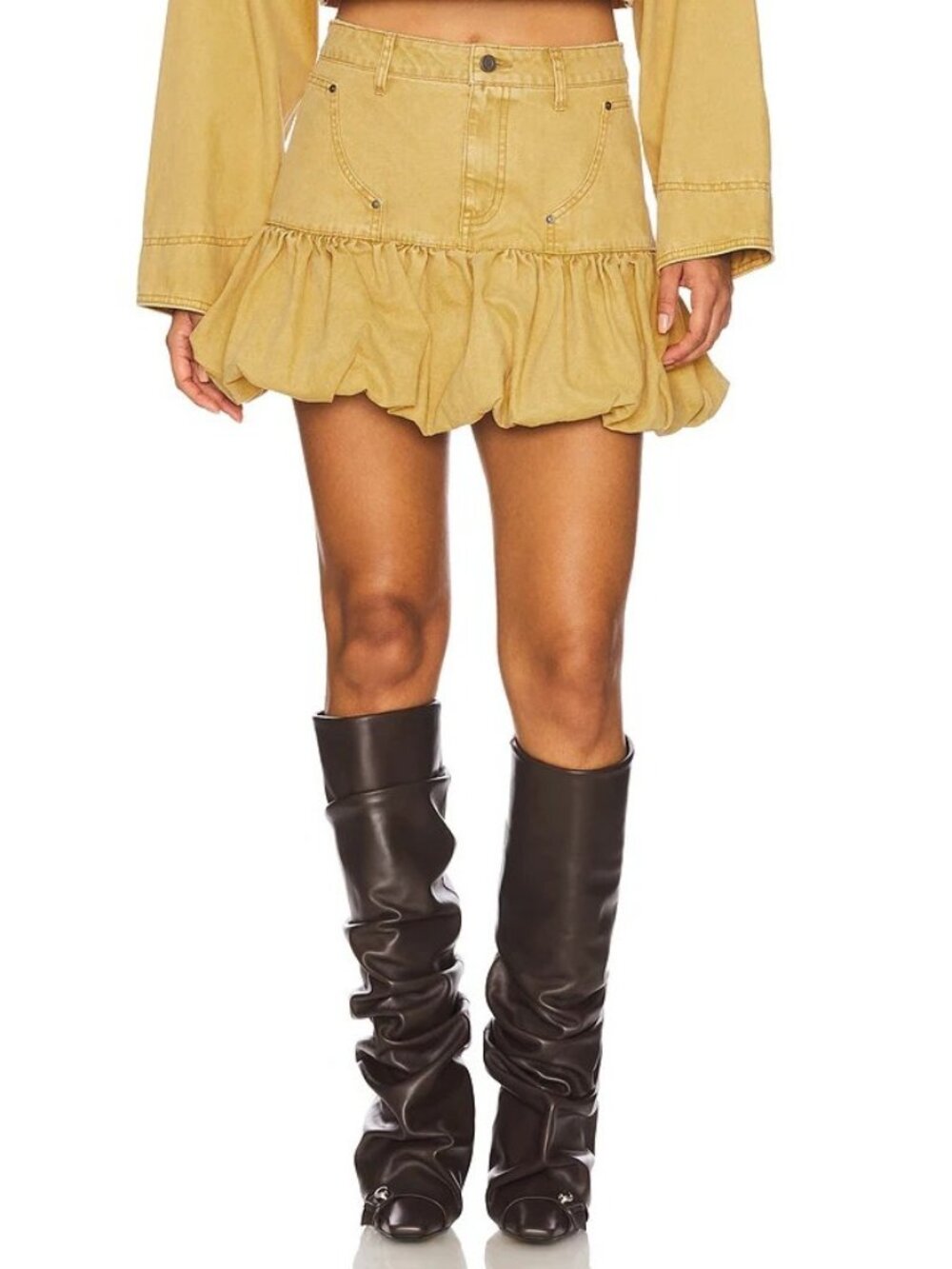 AFRM Zell Bubble Skirt in Beige Khaki Mini